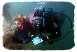 Divers navigate through water 